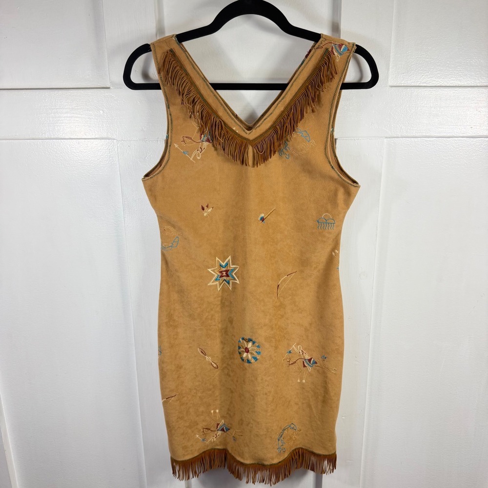 Vintage Western Faux Suede Fringe Dress Handmade Embroidered Southwest Mini Tan